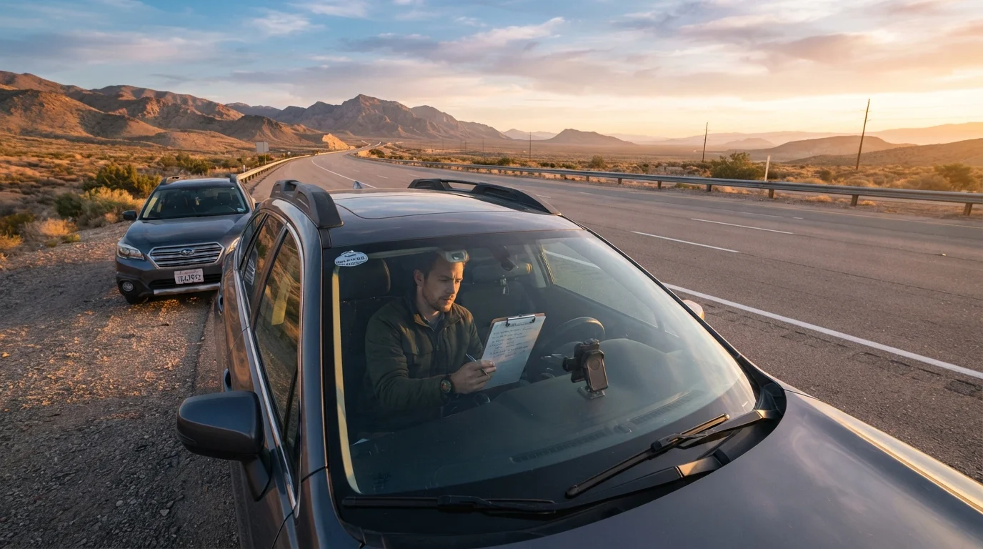 Driver reviewing a checklist inside a car parked on an open highway at dawn
