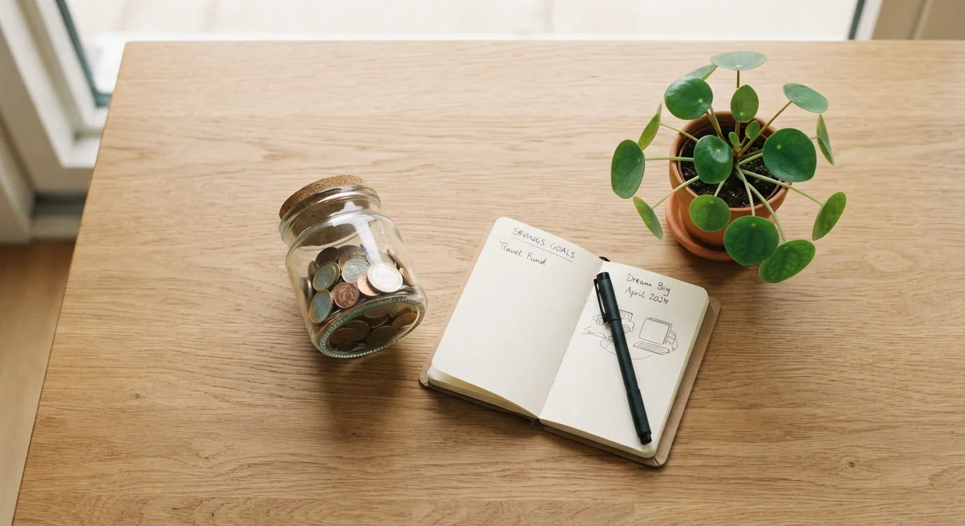 Glass jar with coins beside a savings notebook and small green plant on a wooden table