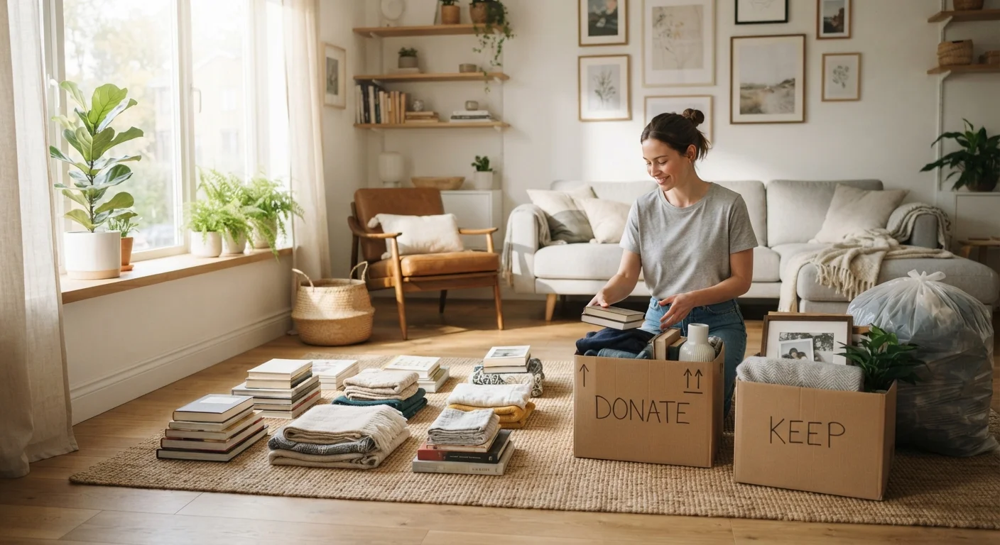 A tidy living room with sorted piles and labeled donation boxes during a decluttering session