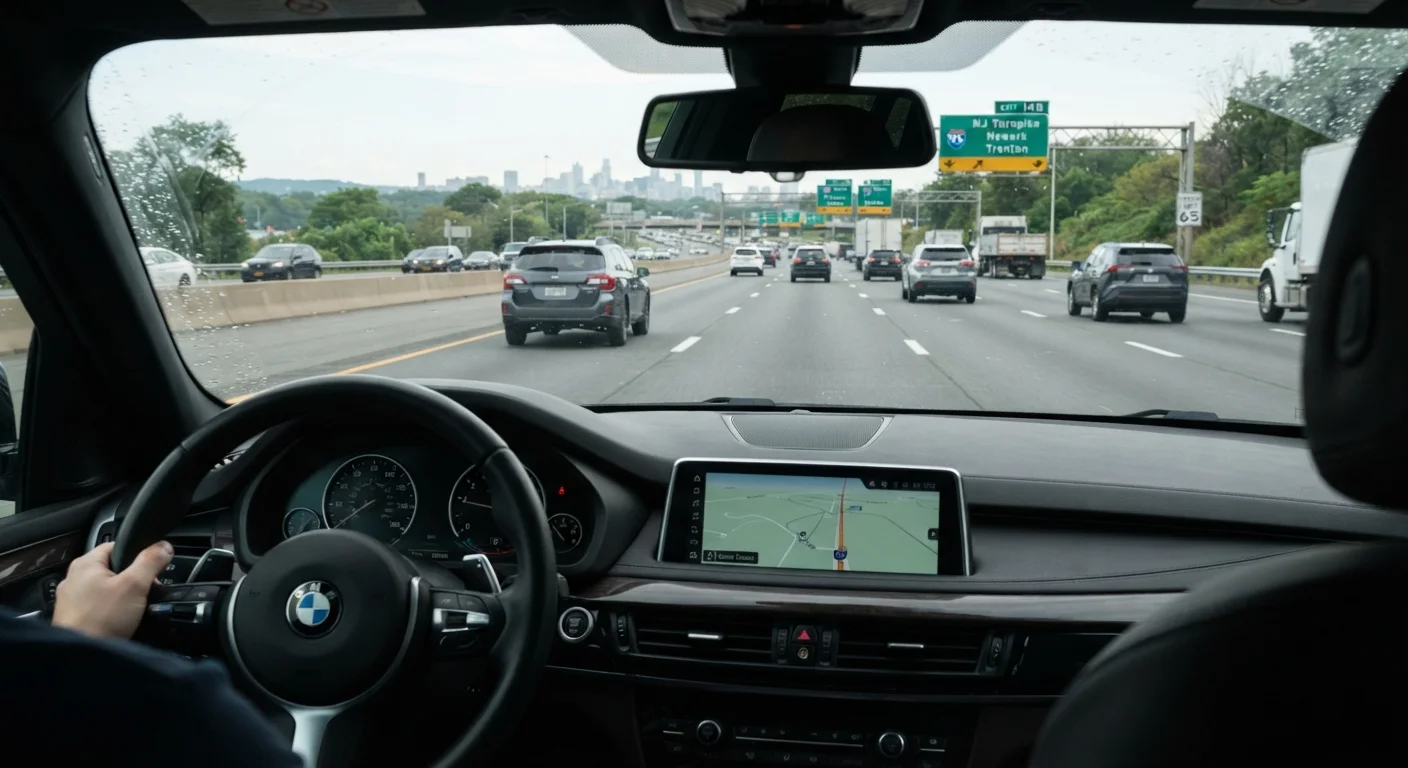 Driver's point of view from inside a car looking out at a busy highway with multiple vehicles