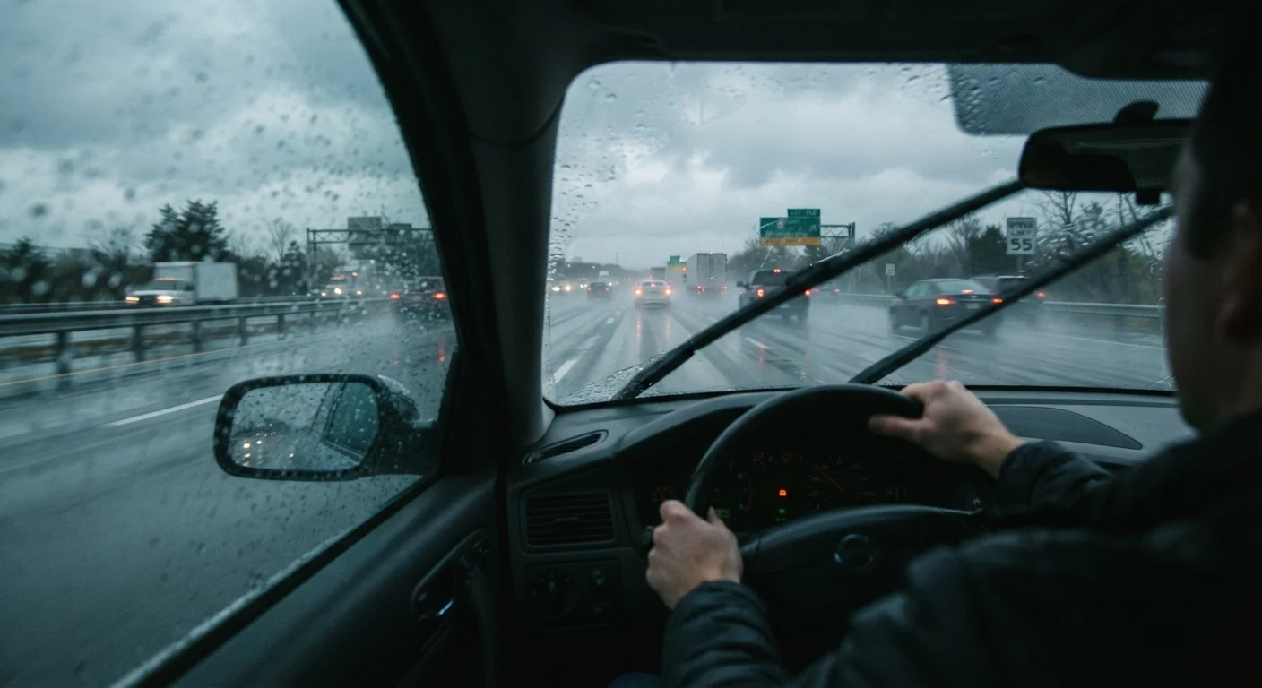View from inside a car driving on a wet road during heavy rainfall with wipers active