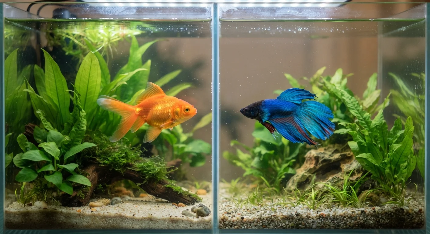 A goldfish and a betta fish in separate planted aquarium tanks side by side