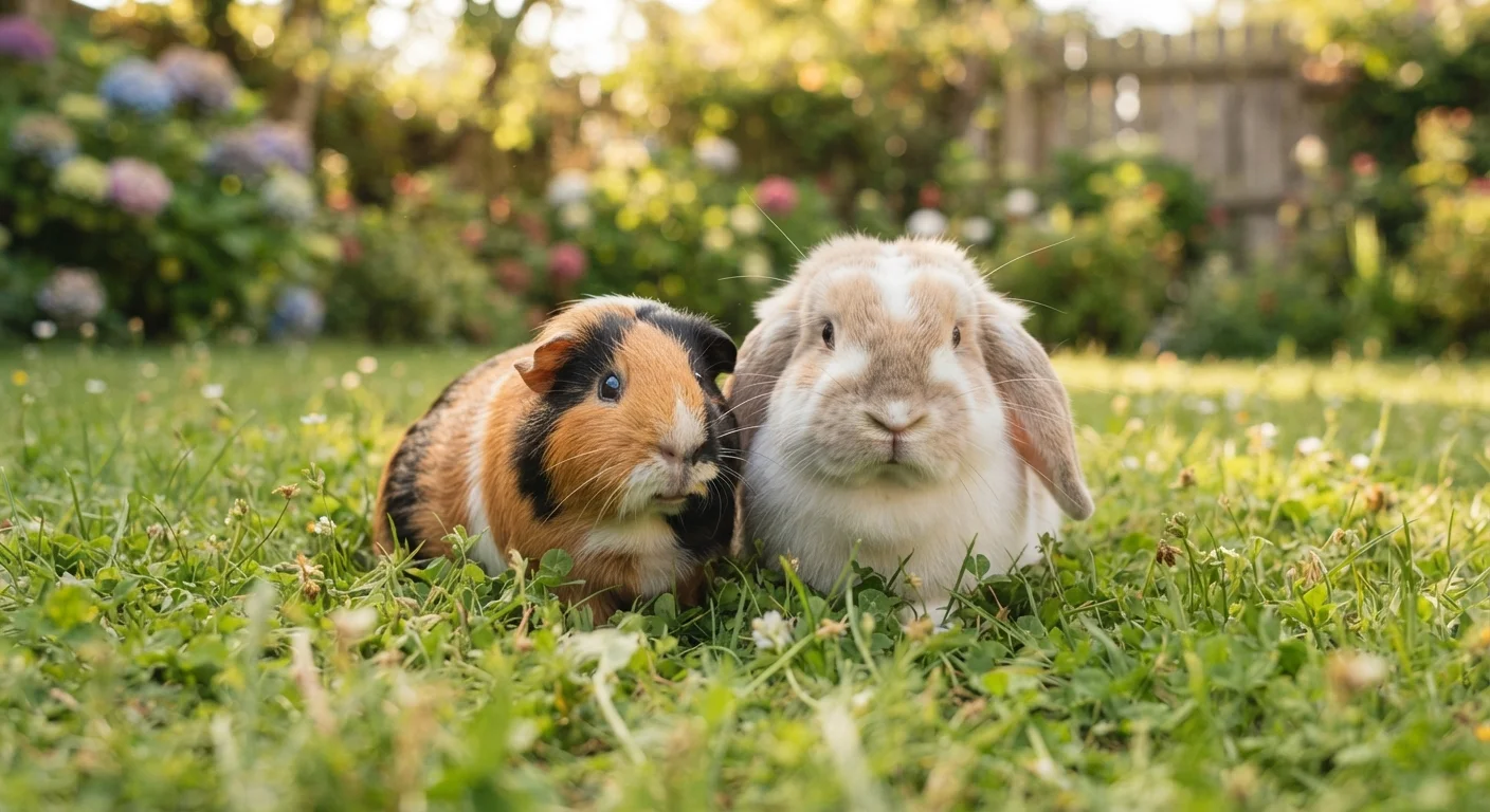 A fluffy guinea pig and a rabbit sitting together on grass in natural light