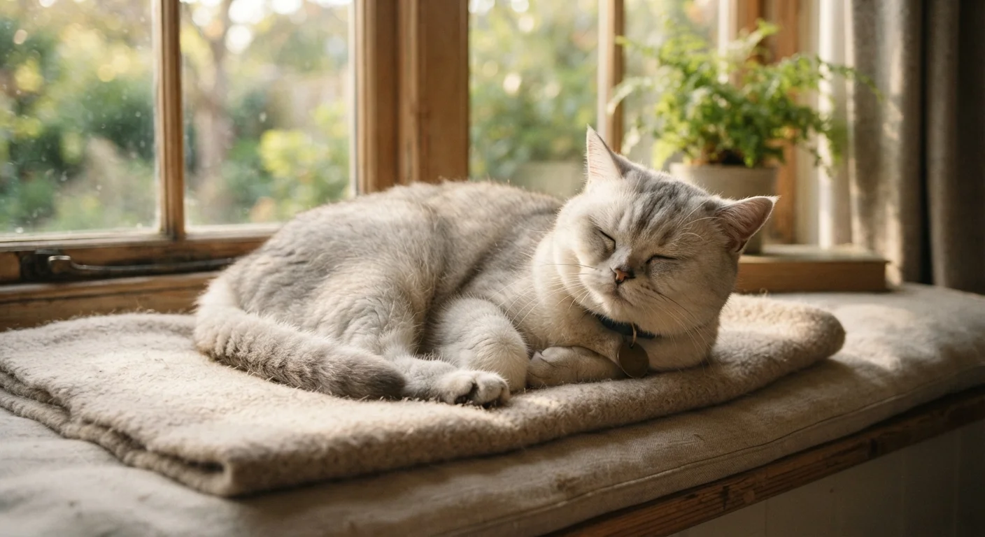 Senior cat resting peacefully on a soft cushion near a sunlit window