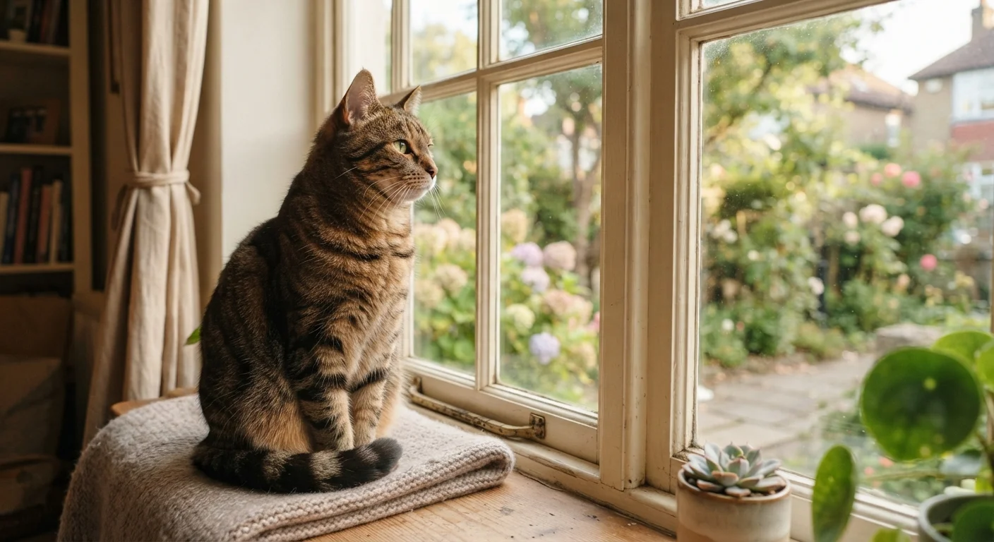 A calm tabby cat sitting on a windowsill with tail curled and ears forward.