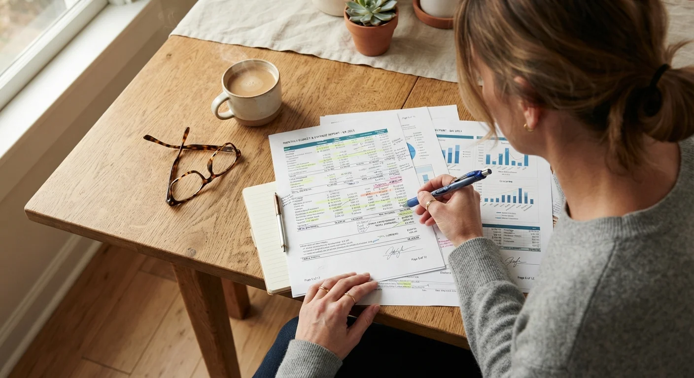 Person carefully reviewing a multi-page credit report document at a kitchen table