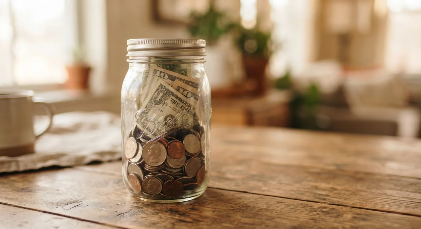 A glass jar filled with coins and dollar bills on a wooden table in natural light