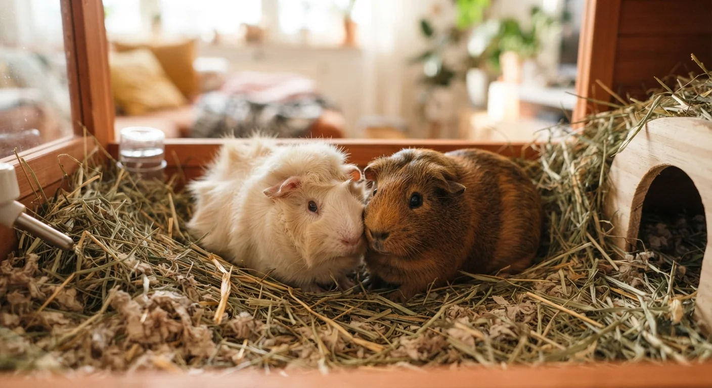 Two guinea pigs sitting close together in a hay-filled enclosure with warm natural light