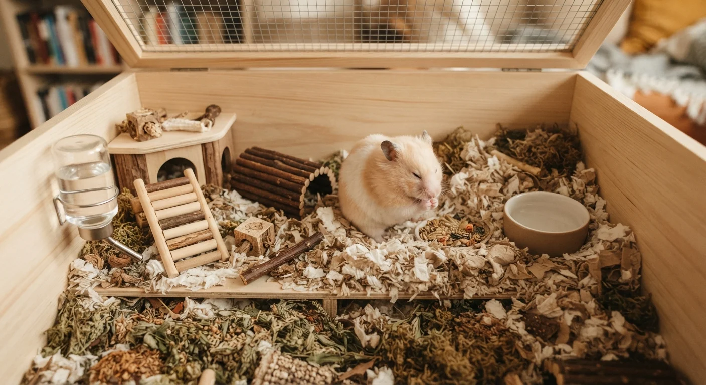 A hamster inside a well-equipped enclosure with bedding, water bottle, and enrichment toys