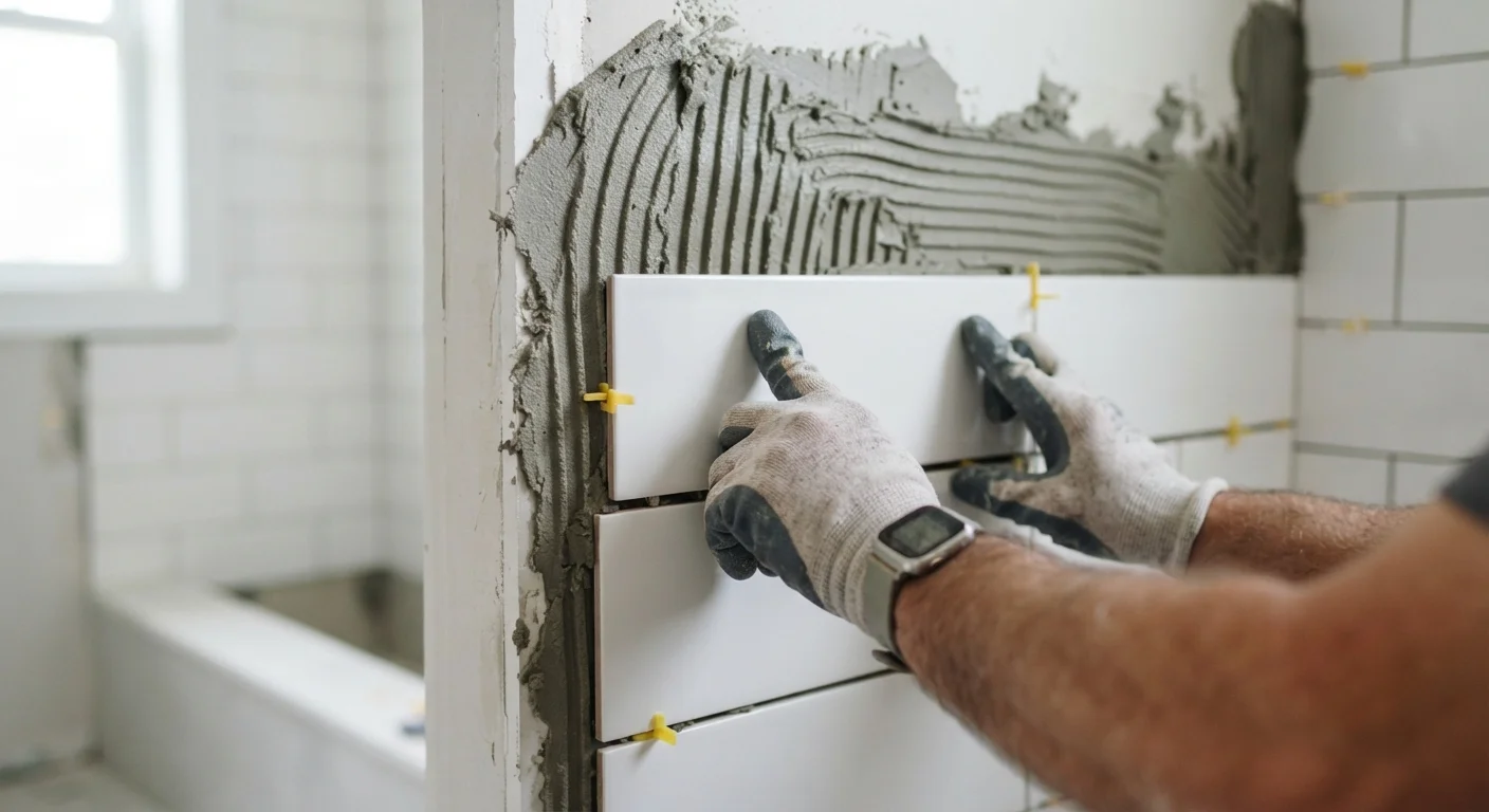 Hands pressing a white ceramic tile onto a bathroom wall with tile spacers in place