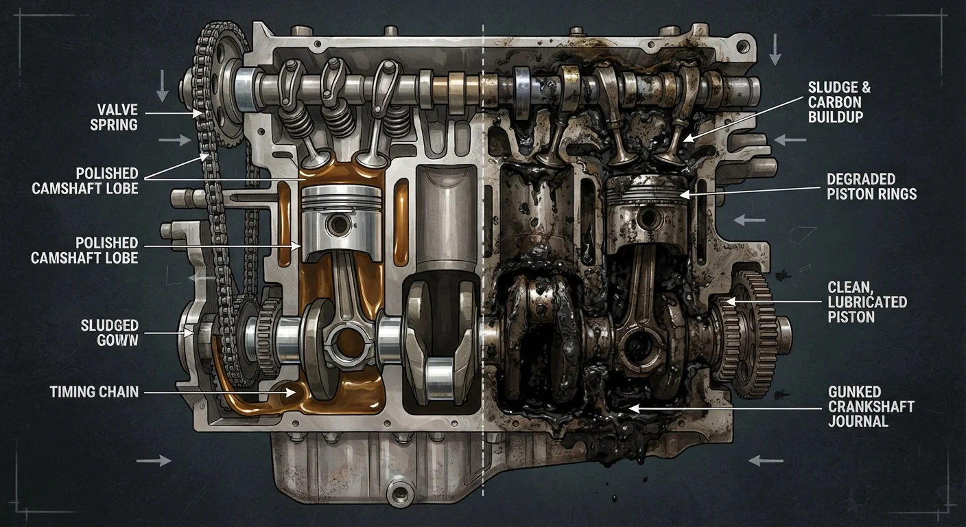 Cross-section illustration of a car engine showing internal mechanical components and lubrication pathways