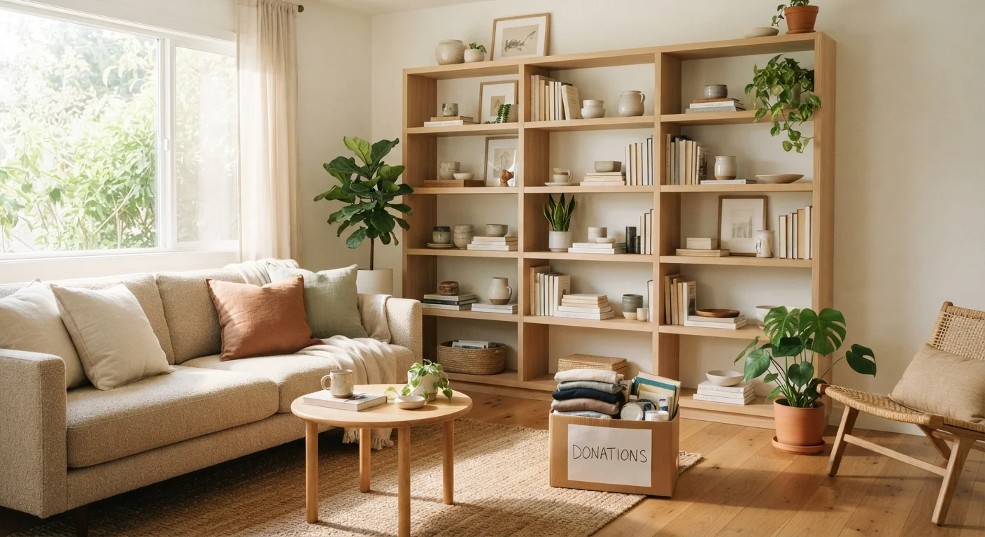 Tidy living room with organized shelves and a small box of items to donate