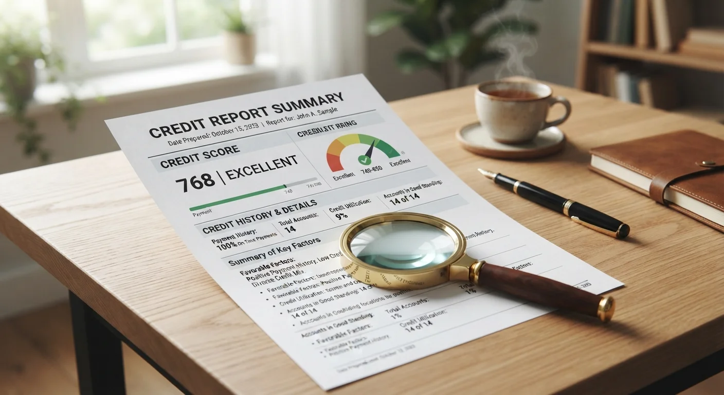A credit report document on a desk with a magnifying glass placed on top