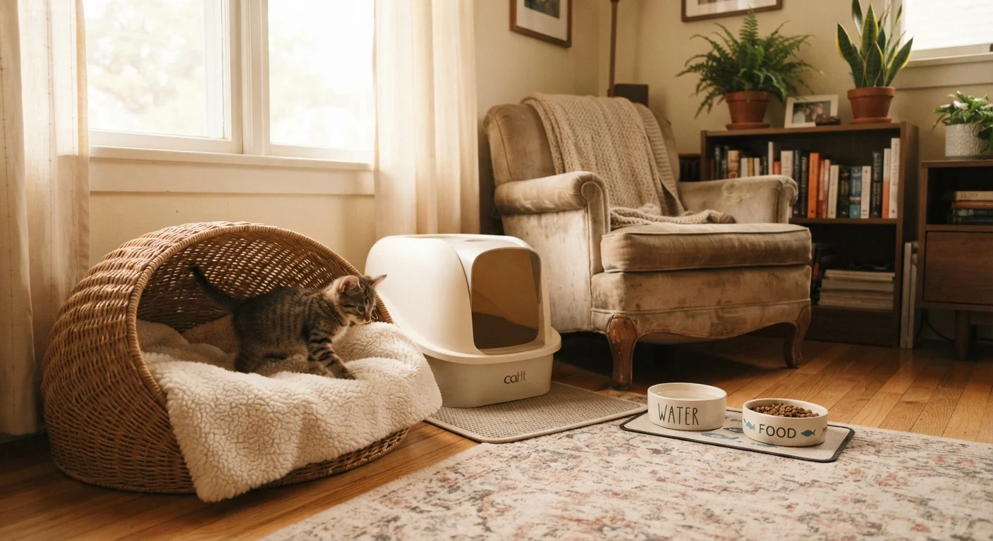 A tabby kitten exploring a new home setup with a cat bed, litter box, and food bowl