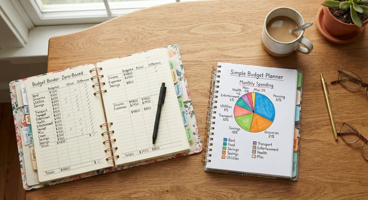 Two budget planners on a kitchen table showing zero-based and percentage-based budgeting methods